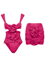 Cutout Floral Embellished One-Piece Swimsuit with Skirt